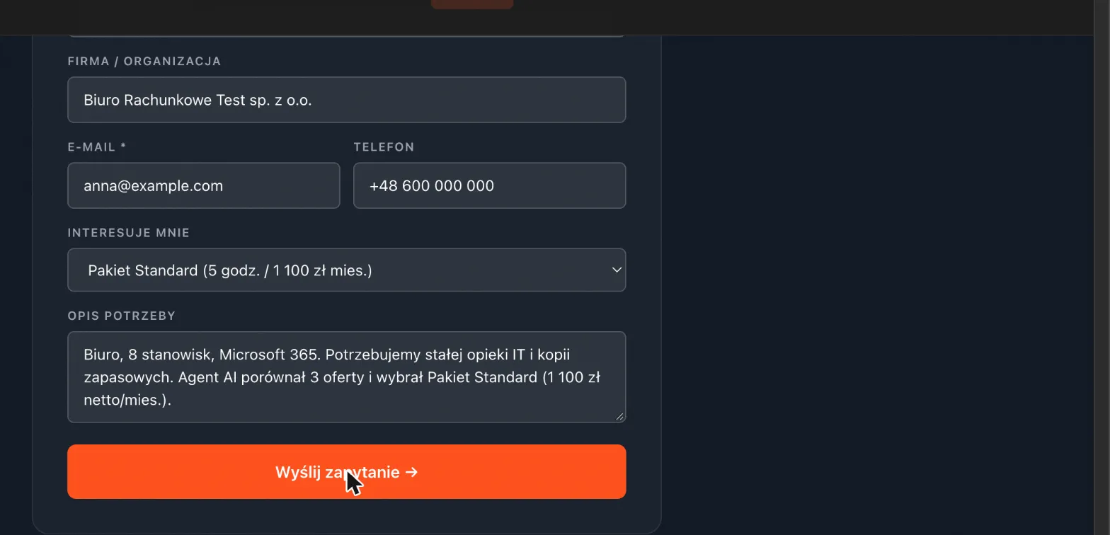 Formularz Pogotowia IT wypełniony przez Claude in Chrome danymi testowymi, przed kliknięciem Wyślij